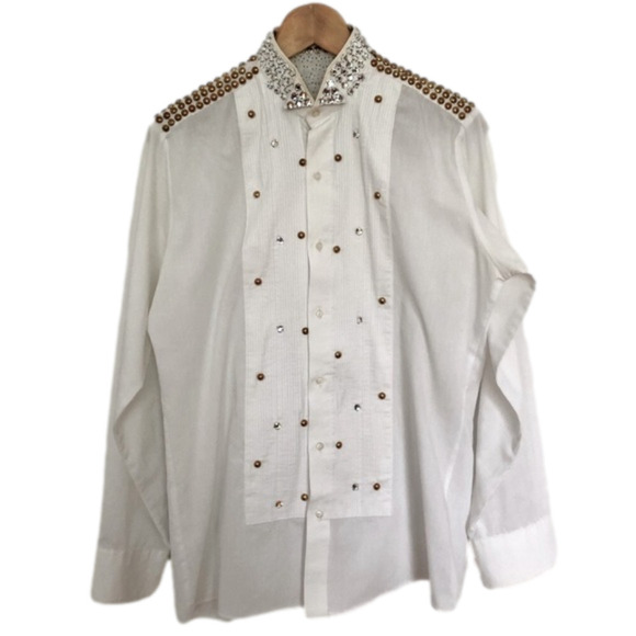 Cowgirl Fancy Western white button down blouse shirt Gold Embellishment Studs - Picture 10 of 15